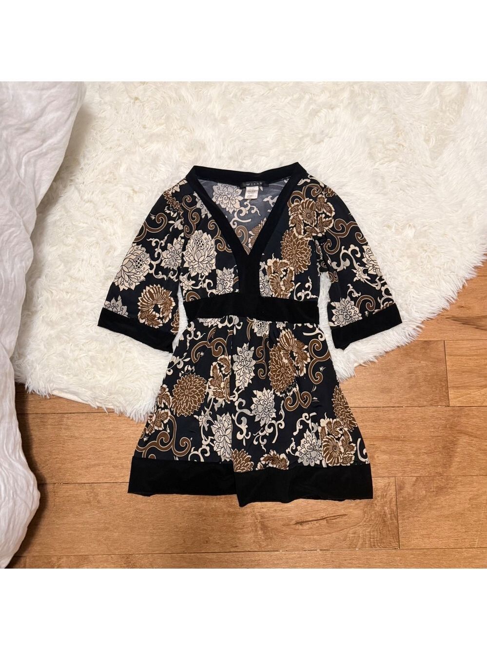 Vintage Wisse Floral Babydoll Mini Dress Brown Black Whimsigoth Womens Medium